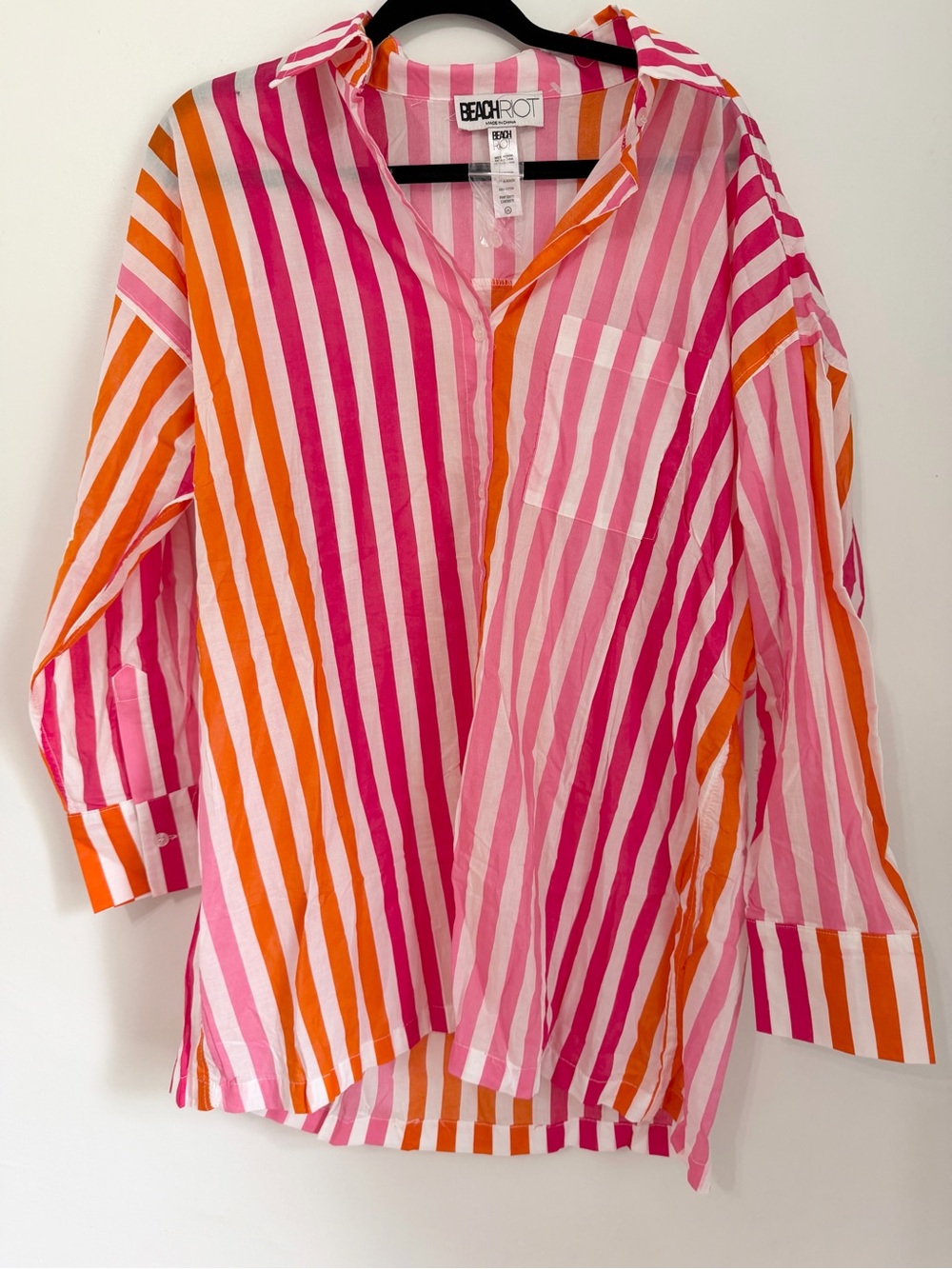 Beach riot stripes button down collared size l/xl pink and orange blouse